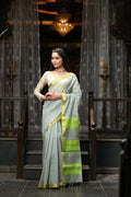 Very Much Indian VMI Exclusive Designer! Handloom Cotton Silk Saree With Sleek Golden Border - Sage Grey | Grocsy