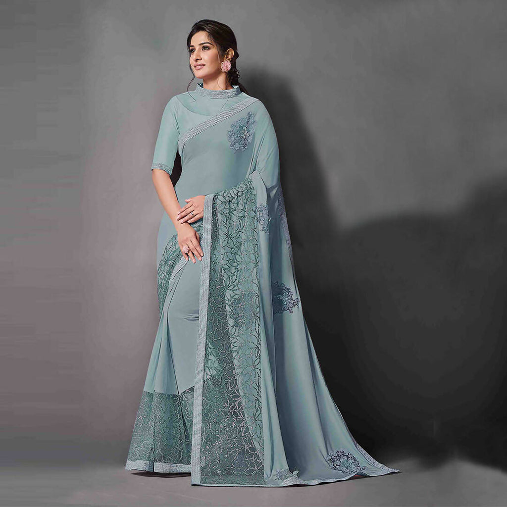 Teal Lycra Raw Silk Sequins Embroidery, Applique Work Saree - Norita Eileen | Grocsy