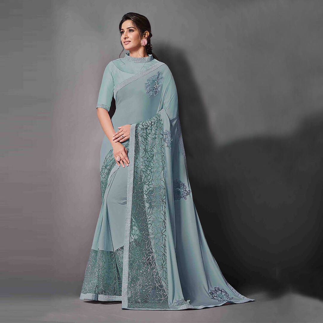 Teal Lycra Raw Silk Sequins Embroidery, Applique Work Saree - Norita Eileen | Grocsy