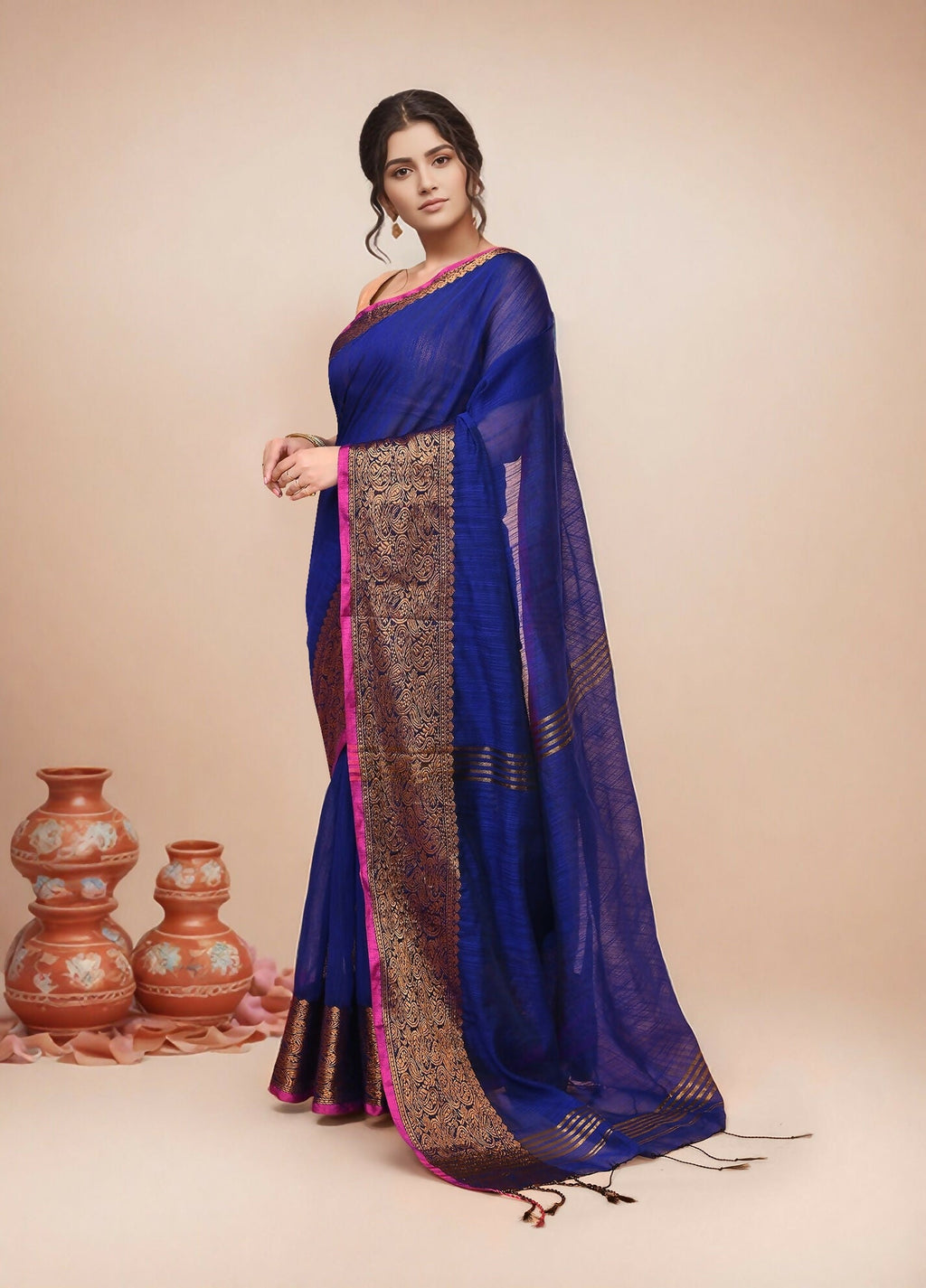 Joban Fashion Deep Navy Blue Cotton Blend Handloom Saree | Grocsy
