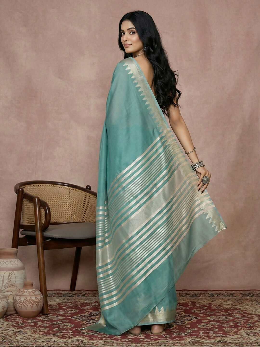 Shree Shyam Fashion Teal Cotton Saree | Grocsy