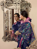 Vastranavya Navy Blue Poly Cotton Kalamkari Printed Saree with Unstitched Blouse | Grocsy