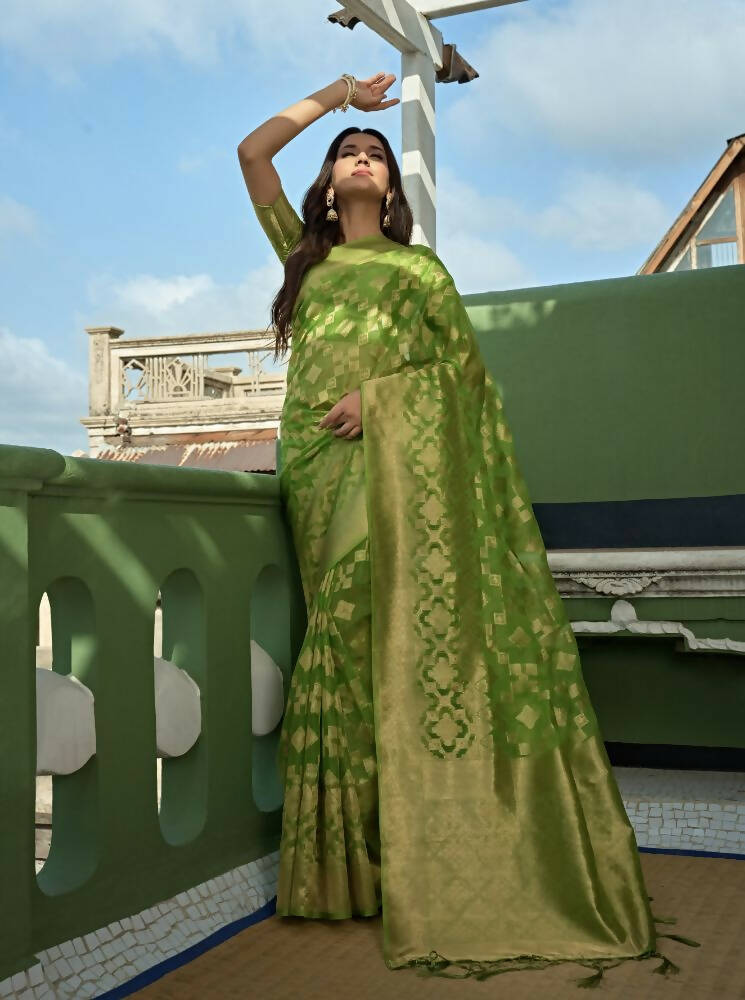Glamorous Designer Parrot Green Color Organza Silk Saree With Weaving Work - Yomika Fashions | Grocsy