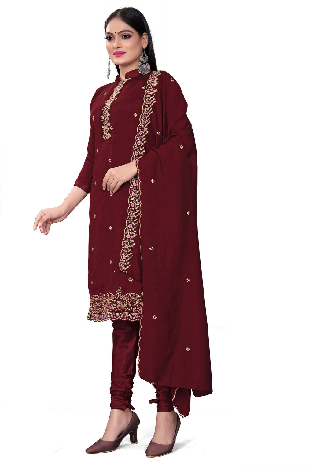 Maroon Silk Embroidered with Sequins work Unstitched Dress Material - Tanvi | Grocsy