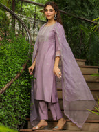 Janasya Lavender Silk Blend Solid Kurta,Bottom & Dupatta | Grocsy