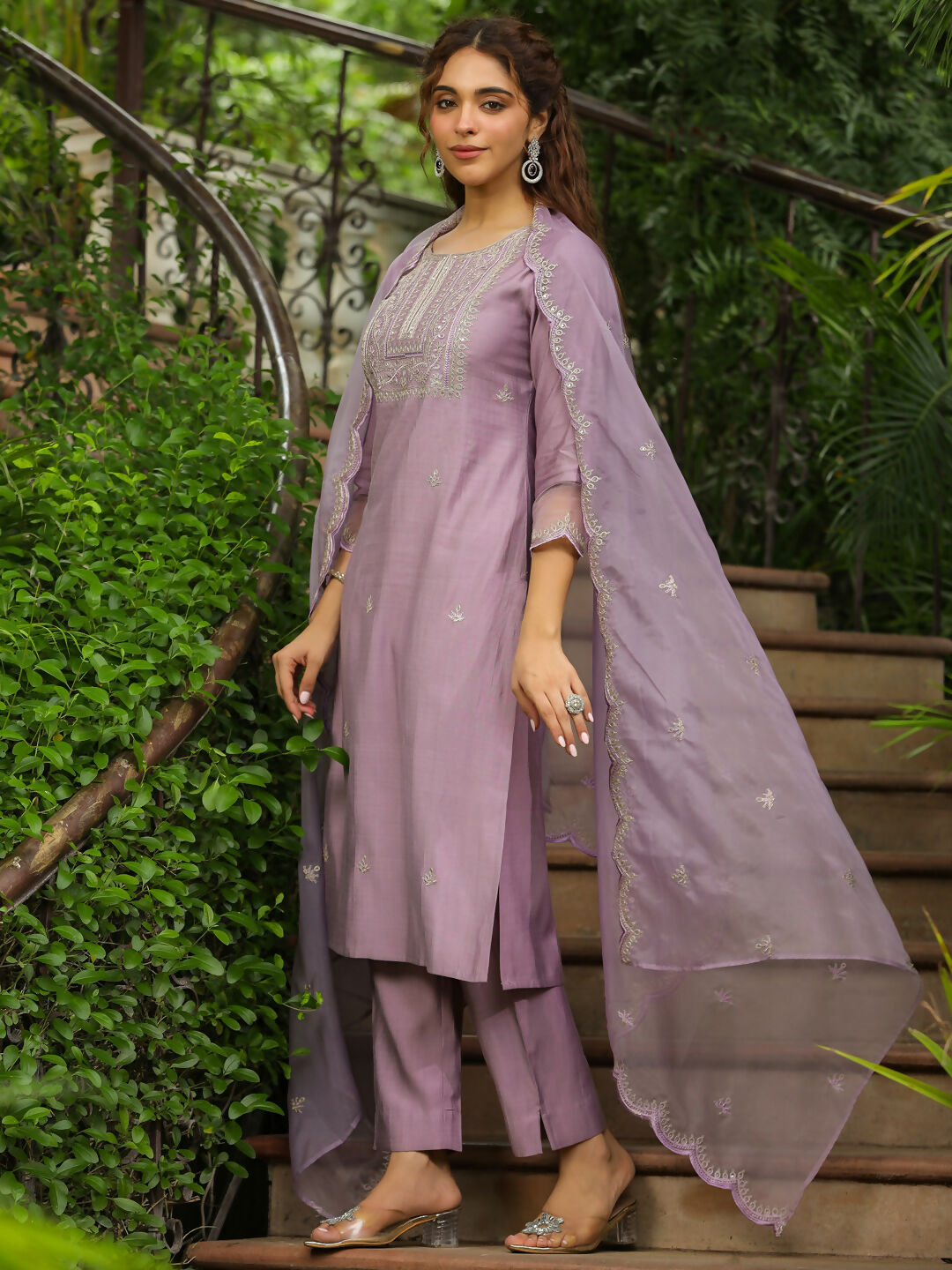 Janasya Lavender Silk Blend Solid Kurta,Bottom & Dupatta | Grocsy