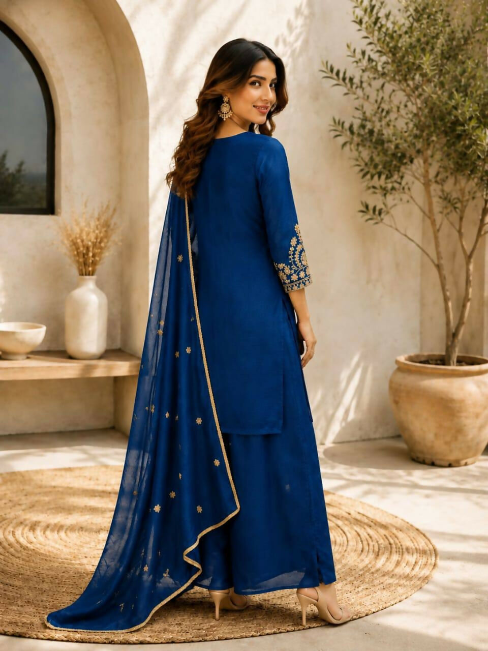 Teeya Creation Blue Embroidered Silk Palazzo Suit With Dupatta | Grocsy