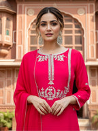 The52 Women's Gorgeous Embroidery Work Viscose Silk Fabric Straight Kurta Palazzo and Dupatta Set-Red | Grocsy