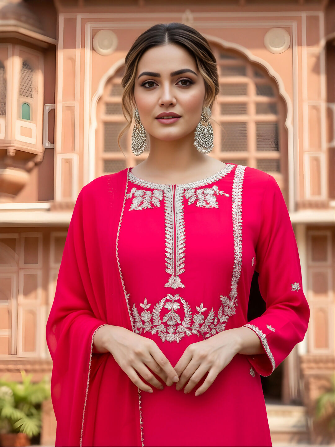The52 Women's Gorgeous Embroidery Work Viscose Silk Fabric Straight Kurta Palazzo and Dupatta Set-Red | Grocsy