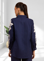Joban Fashion Navy Blue Cotton, Linen Embroidered Readymade Cord Set | Grocsy