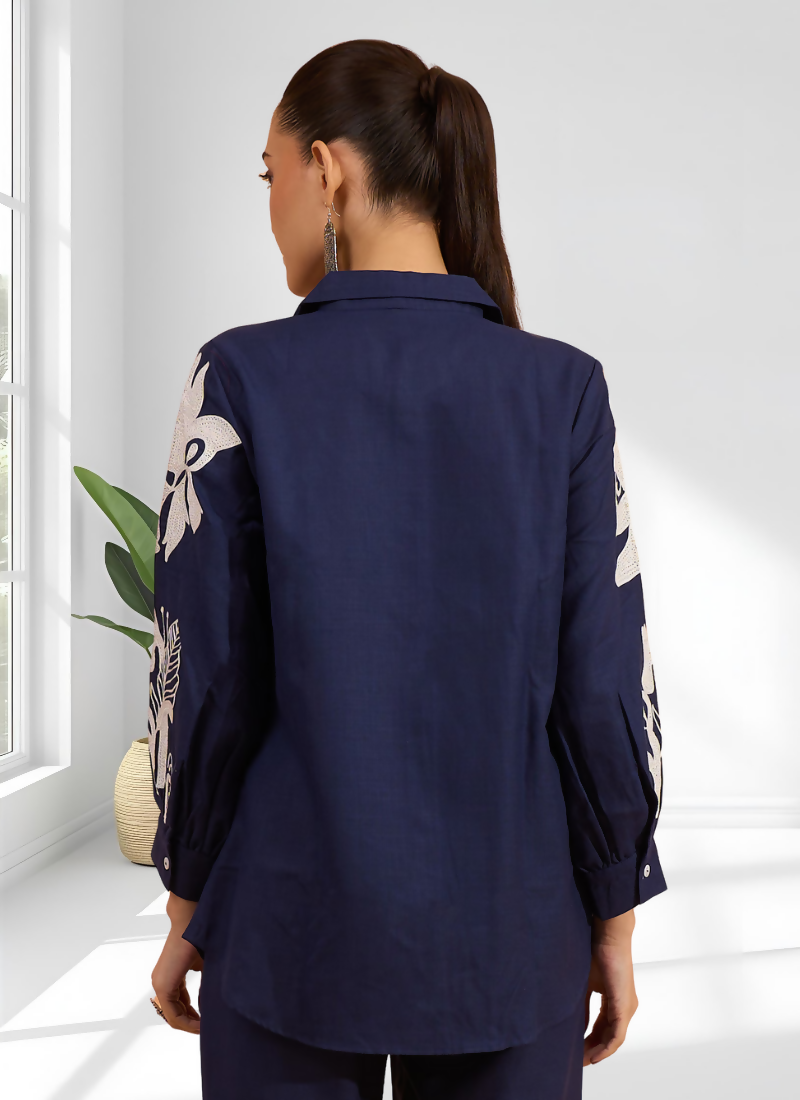 Joban Fashion Navy Blue Cotton, Linen Embroidered Readymade Cord Set | Grocsy