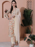 Jyoti Fashion Women's Beige Cotton Floral Digital Printed Kurta with Trouser & Dupatta | Grocsy