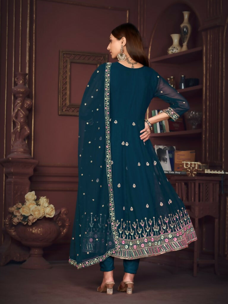 Jyoti Fashion Women's Rama Georgette Embroidered Anarkali Kurta Pant Set With Dupatta | Grocsy