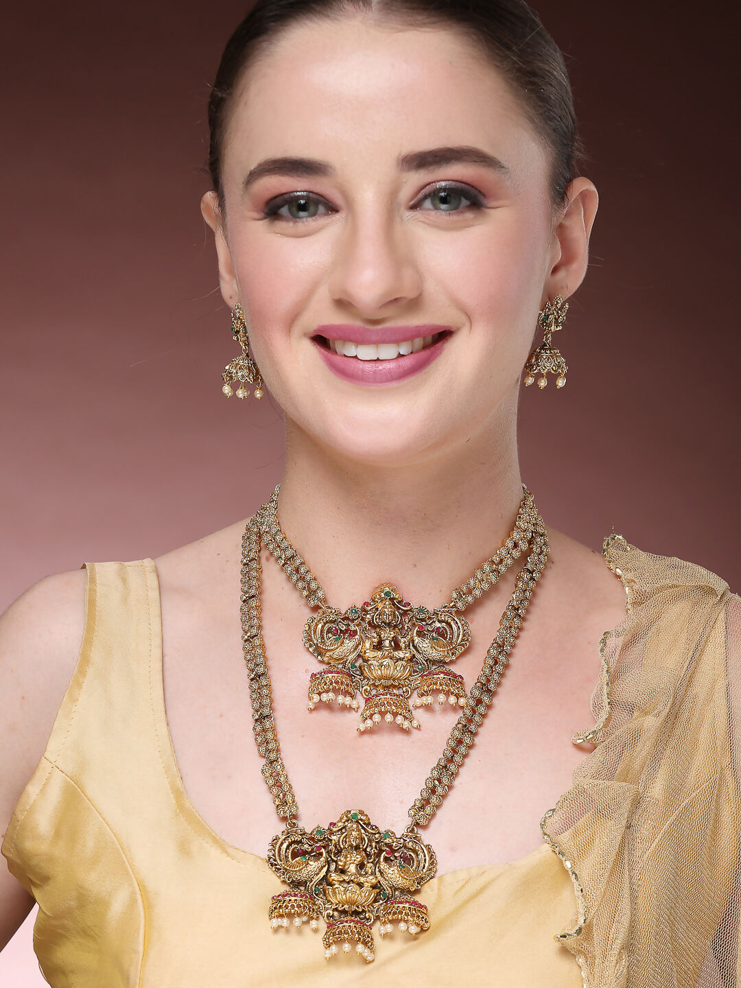NVR Women's Set of 2 Gold-Polished Stone Studded Lakshmi Design Temple Jewellery Set | Grocsy