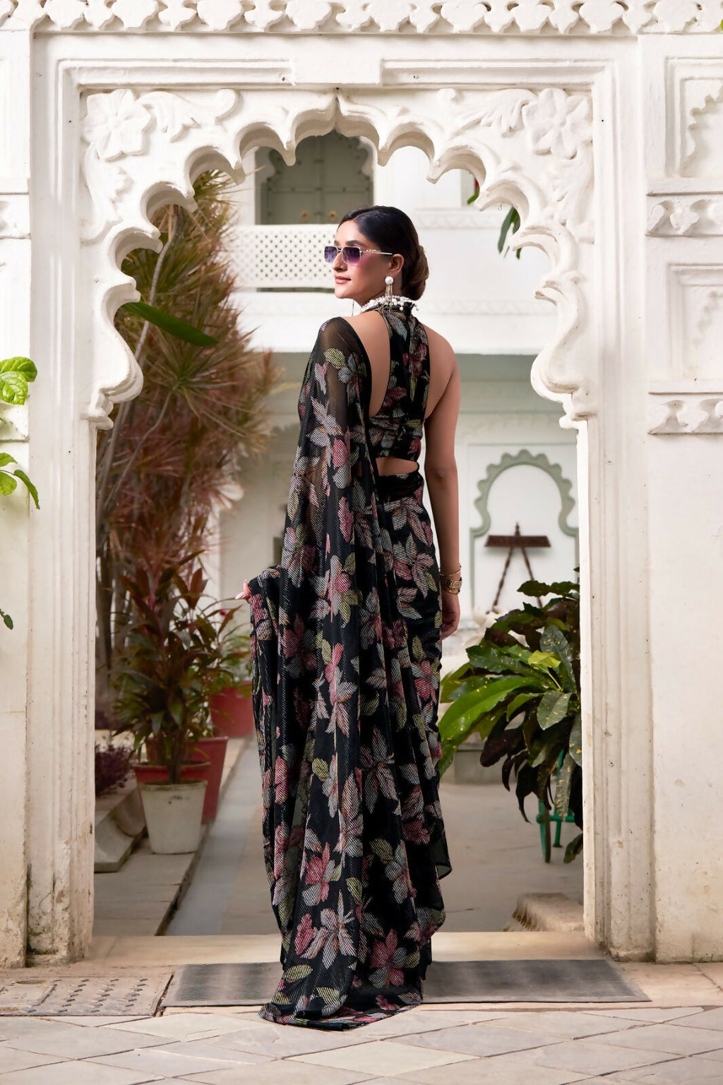 Vastranavya Black Lurex Brasso Floral Printed Saree with Unstitched Blouse | Grocsy