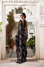 Vastranavya Black Lurex Brasso Floral Printed Saree with Unstitched Blouse | Grocsy