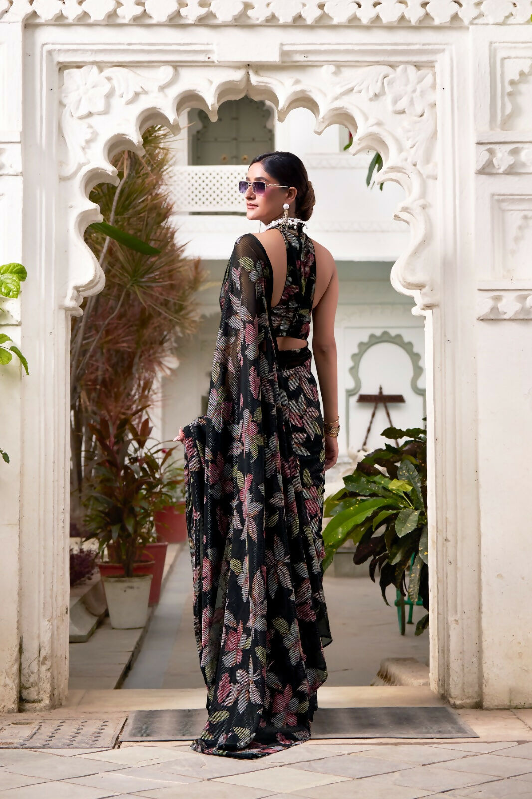 Vastranavya Black Lurex Brasso Floral Printed Saree with Unstitched Blouse | Grocsy