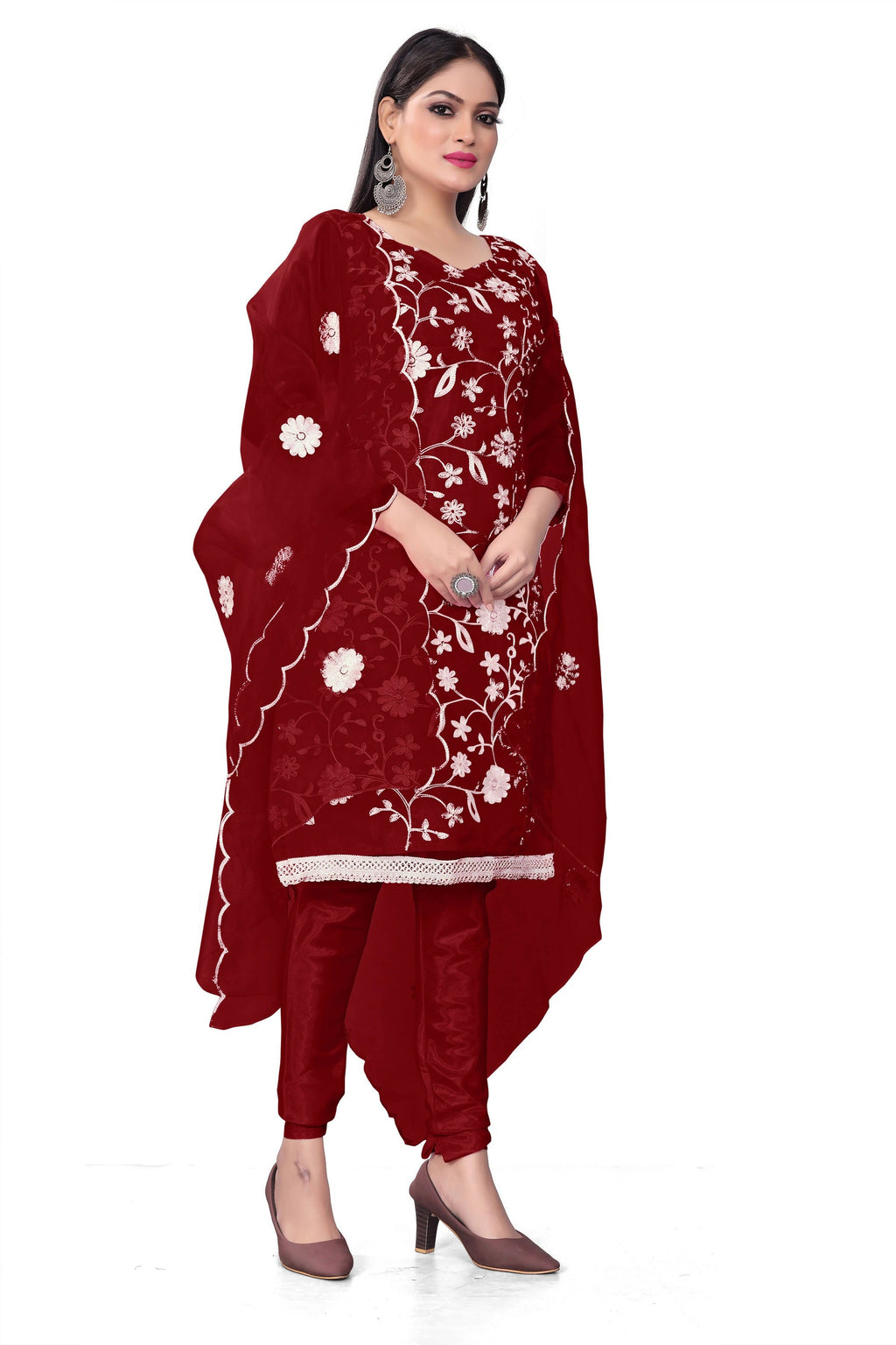 Maroon Organza Silk Embroidered Work Unstitched Dress Material - Tanvi | Grocsy