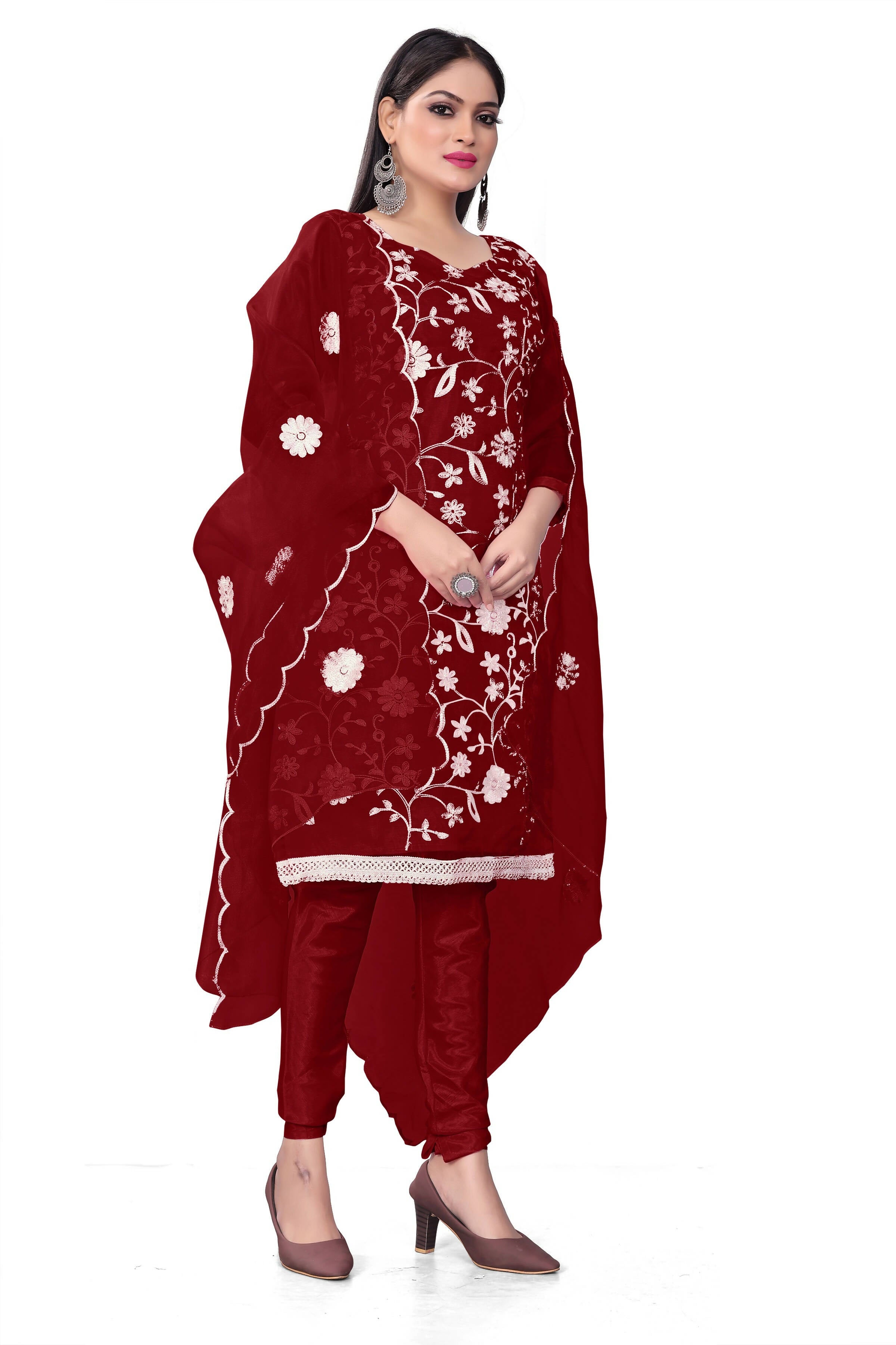Maroon Organza Silk Embroidered Work Unstitched Dress Material - Tanvi | Grocsy