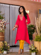 Juniper Women's Fuchsia Zari Embroidered Viscose Kurta & Pant Set With Sequins | Grocsy