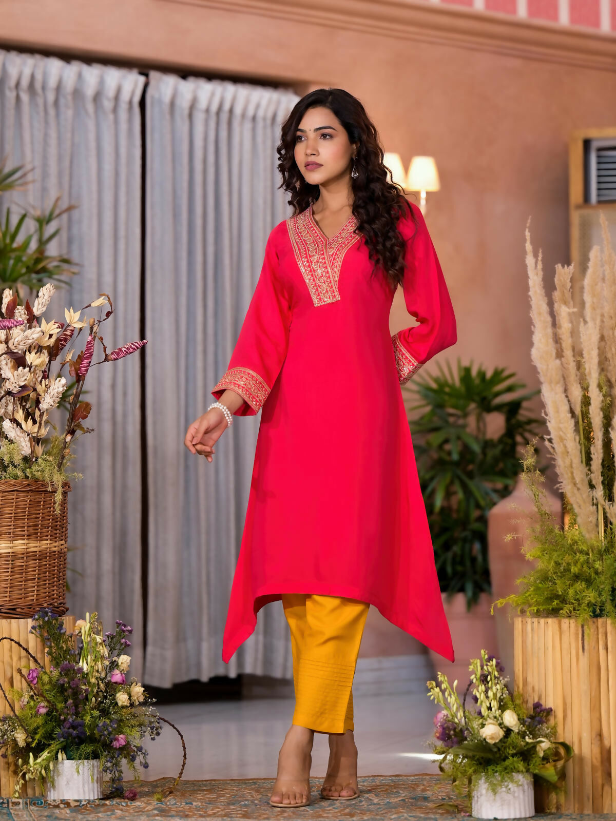 Juniper Women's Fuchsia Zari Embroidered Viscose Kurta & Pant Set With Sequins | Grocsy