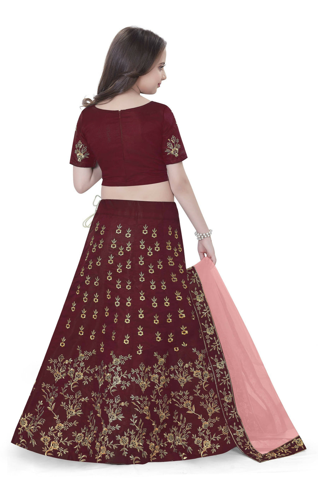 Dwiden Maroon Baby Doll Tafetta Sattin Semi-Stitched Girl's Lehenga Choli | Grocsy