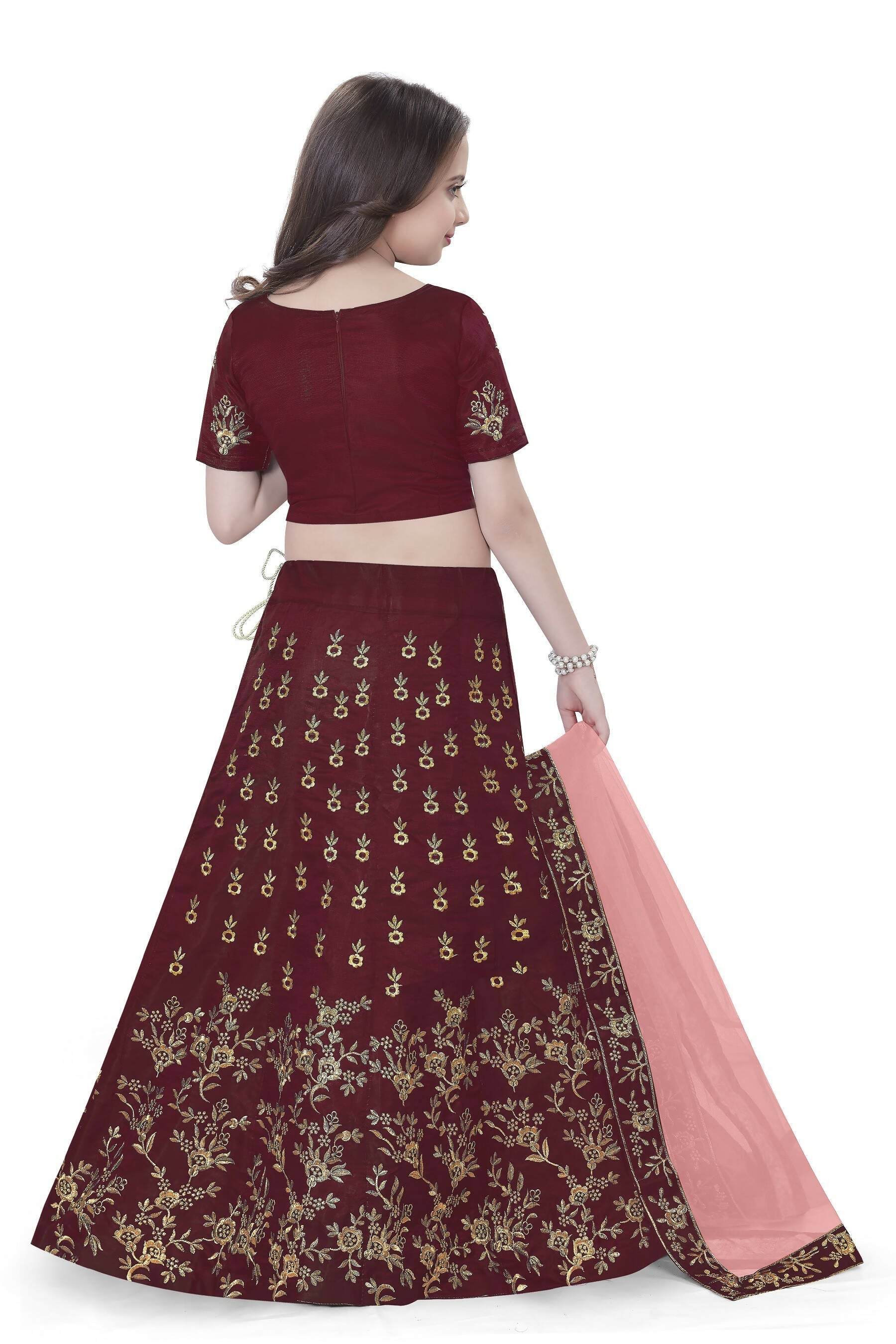 Dwiden Maroon Baby Doll Tafetta Sattin Semi-Stitched Girl's Lehenga Choli | Grocsy