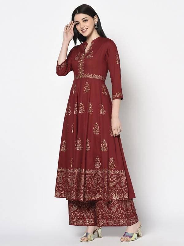 Aniyah Rayon Maroon Block Print Anarkali Palazzo Set (AN-212K) | Grocsy