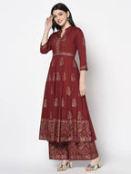 Aniyah Rayon Maroon Block Print Anarkali Palazzo Set (AN-212K) | Grocsy
