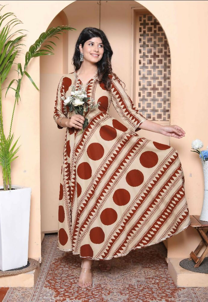 Miravan Womens Brown Printed V-Neck Anarkali Kurta | Grocsy