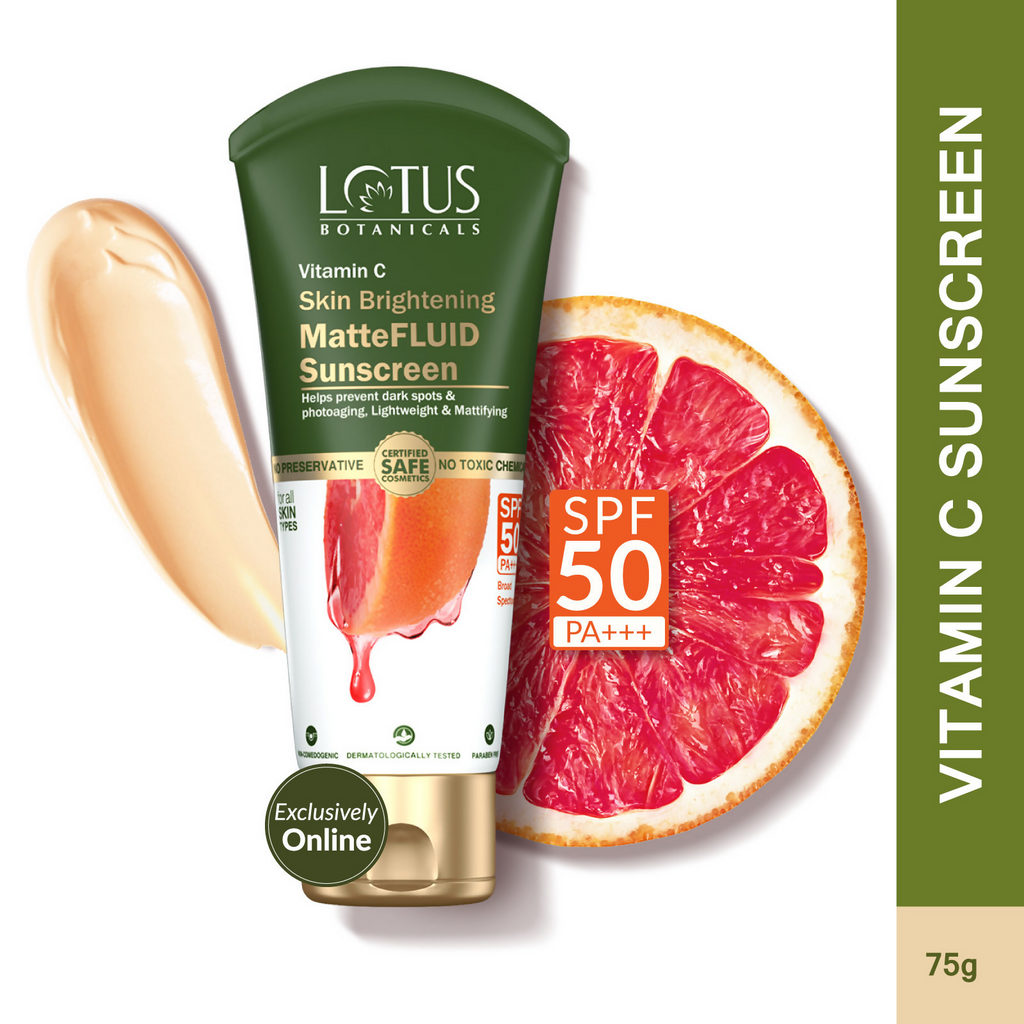 Lotus Botanicals 100x Vitamin C Matte Fluid Sunscreen, Sun Protect & Skin Brightening, SPF 50, PA+++ | Grocsy