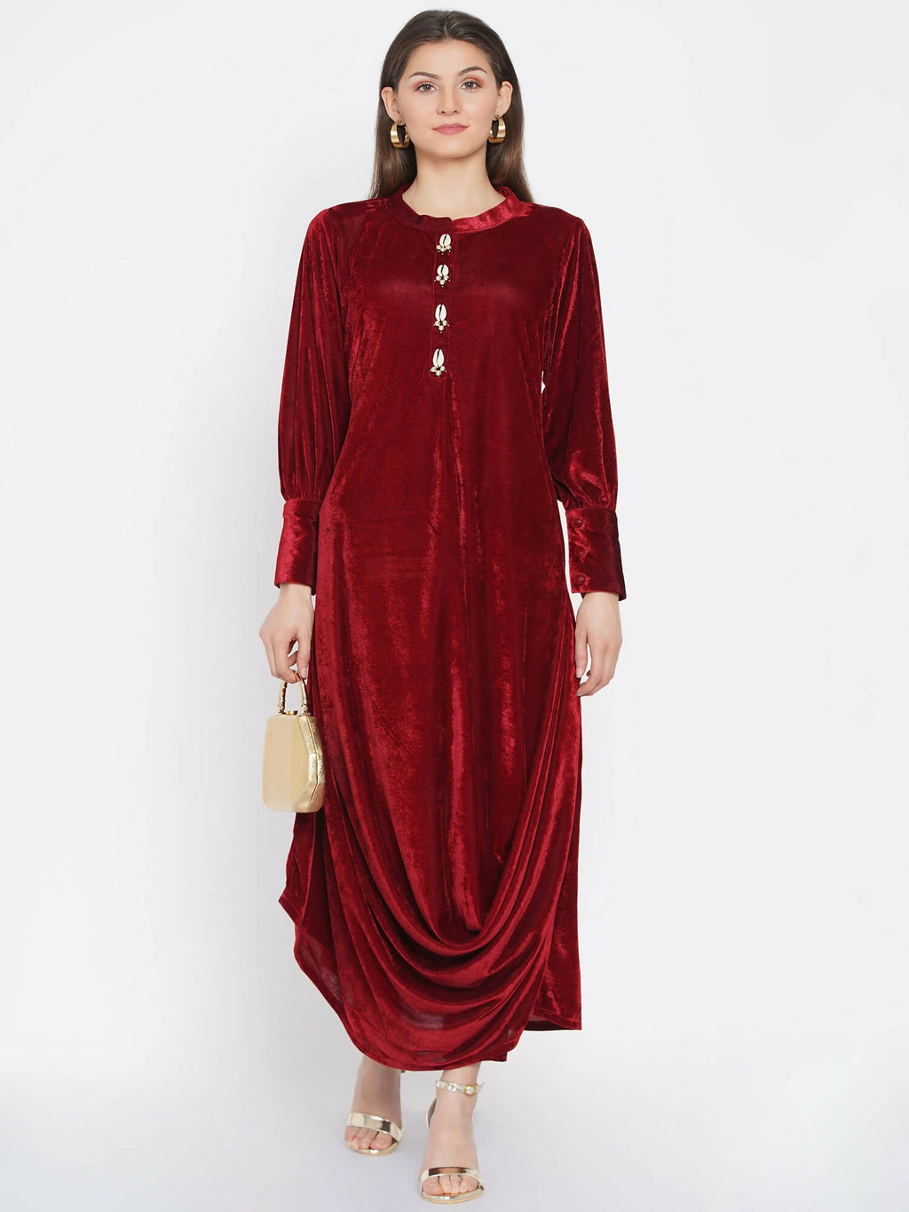 Women Republic Maroon Velvet Cowl Style Kurta With Pants | Grocsy