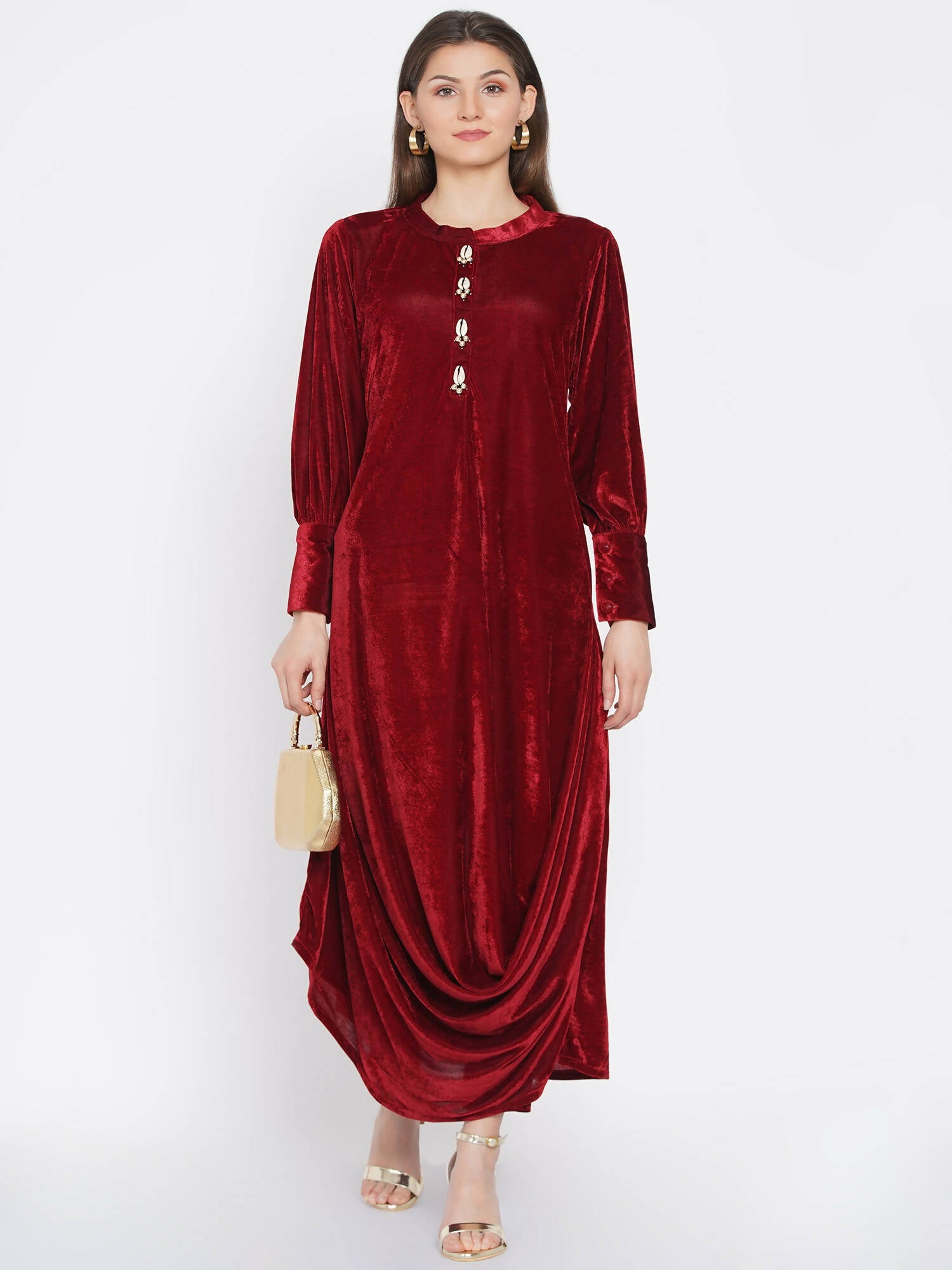 Women Republic Maroon Velvet Cowl Style Kurta With Pants | Grocsy