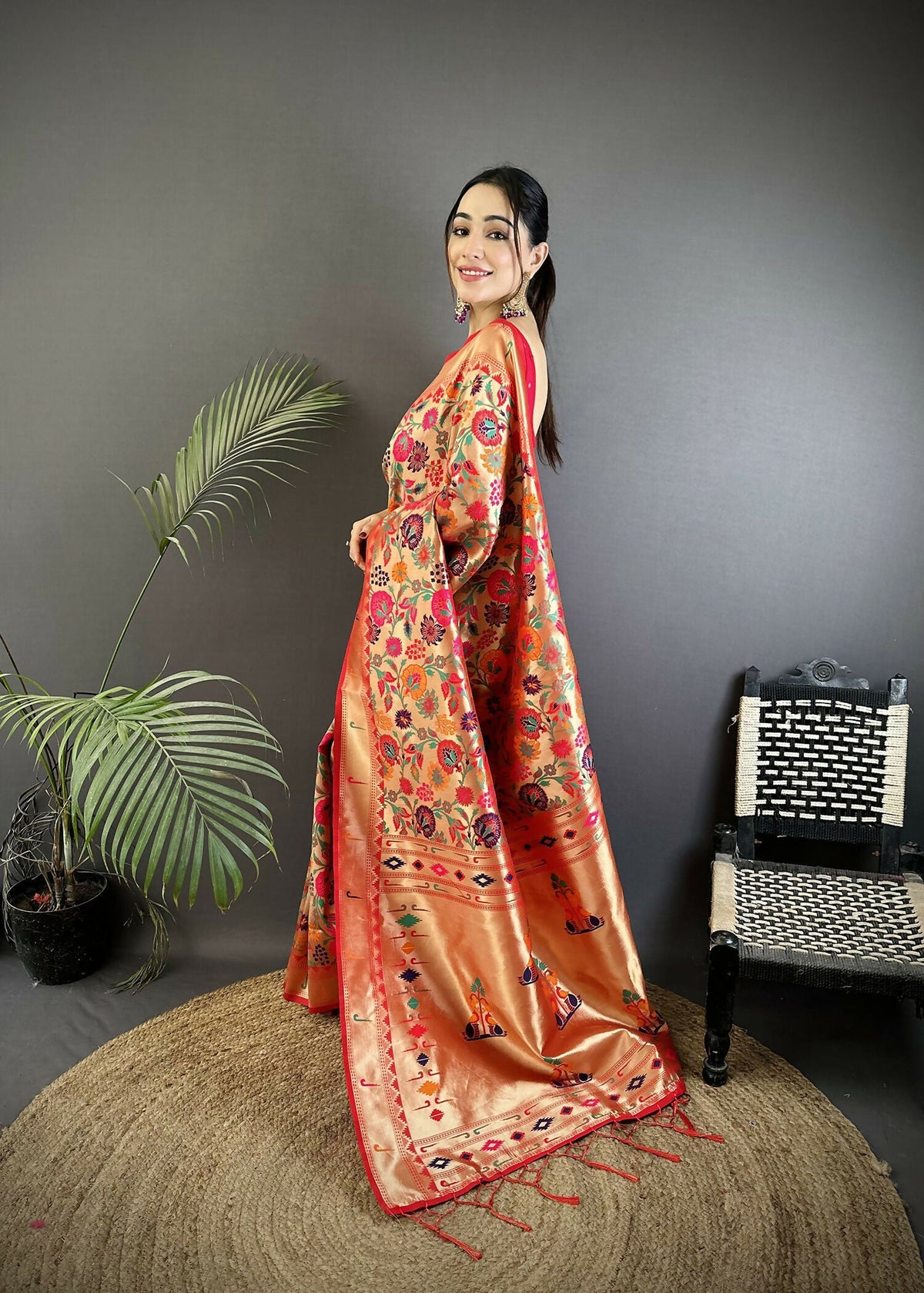 Joban Fashion Orange Floral & Potentially Peacock Soft Silk Paithani Saree | Grocsy