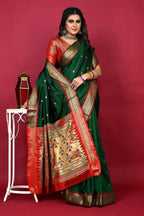 Jyoti Fashion Women's Bottle Green Paithani Silk Zari Woven Saree with Blouse | Grocsy