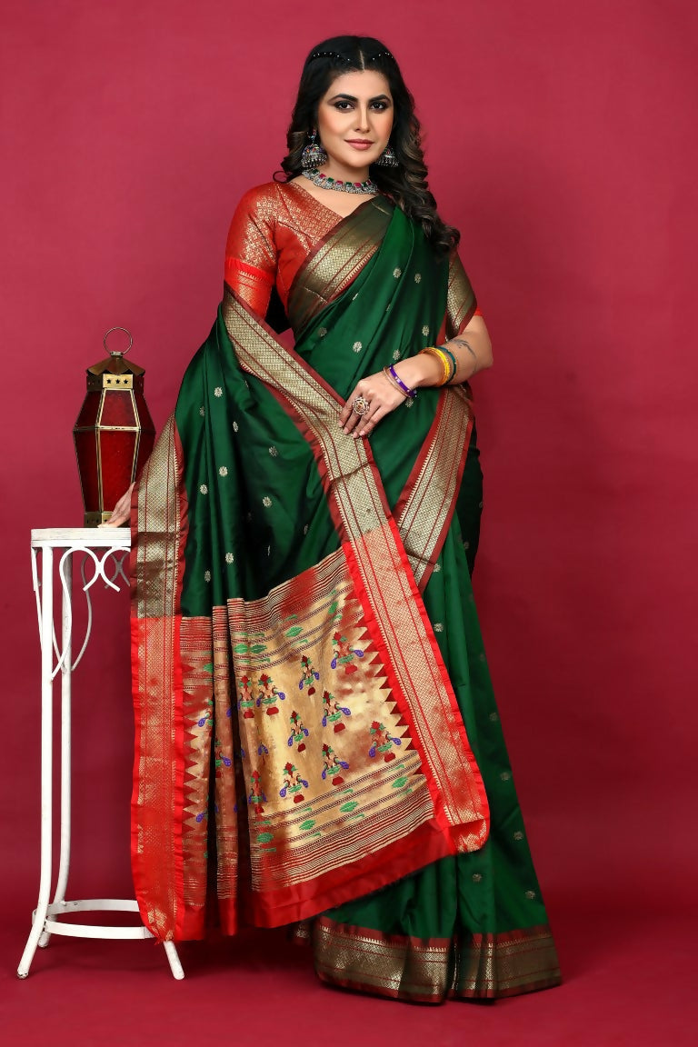 Jyoti Fashion Women's Bottle Green Paithani Silk Zari Woven Saree with Blouse | Grocsy