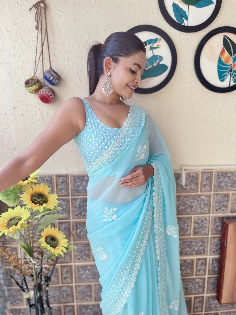 Sky Blue Georgette Sequence Embroidery Cut Work Saree - Saadia | Grocsy