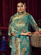 Jyoti Fashion Women's Turquiose Organza Jacquard Woven Kurta with Trouser & Dupatta | Grocsy