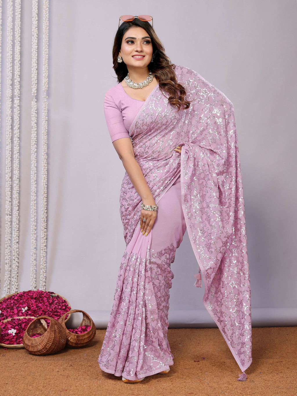 Pink Pure Georgette Embroidered Saree With Stitched Blouse - Nimaya Kaksha | Grocsy