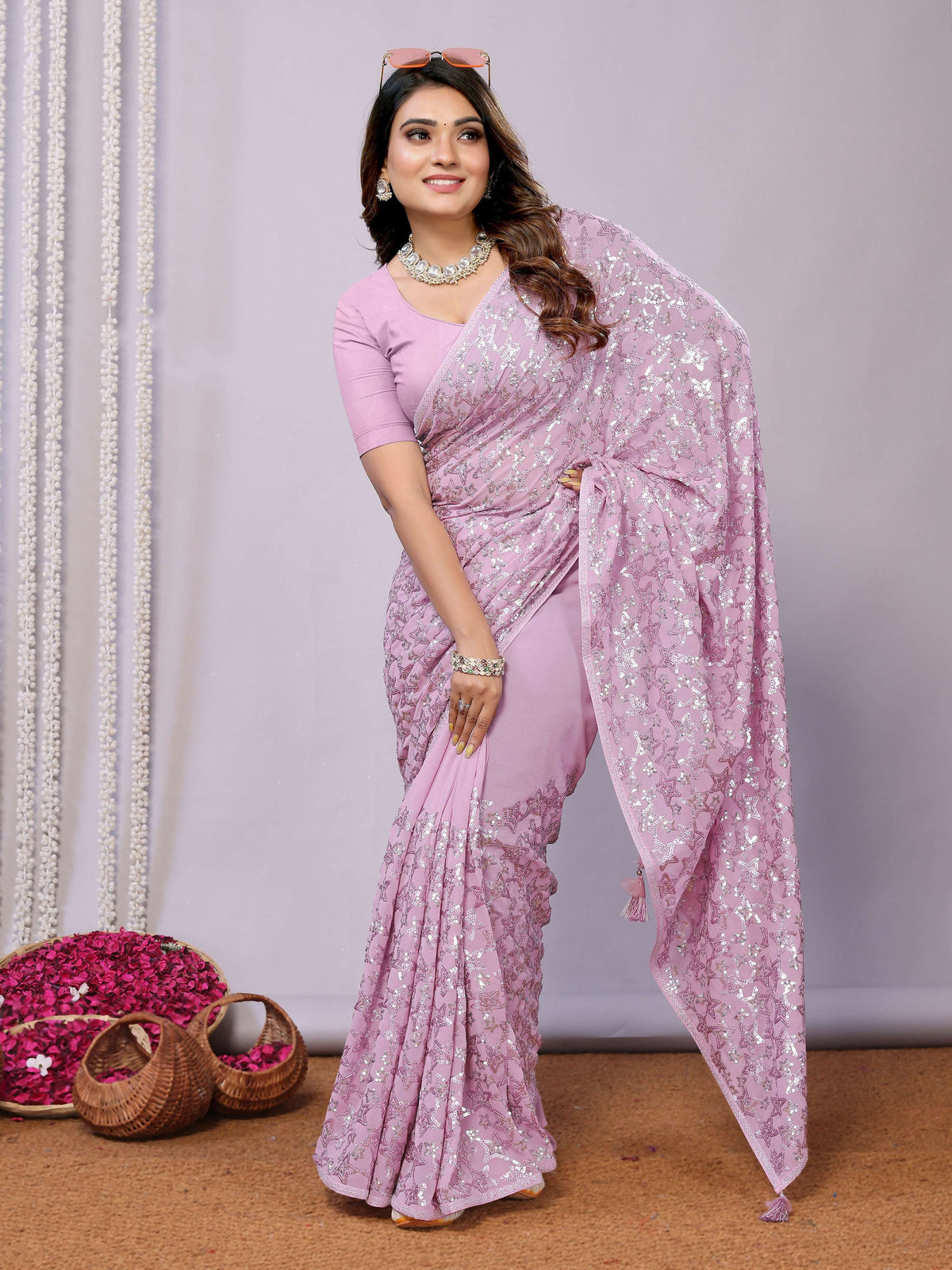 Pink Pure Georgette Embroidered Saree With Stitched Blouse - Nimaya Kaksha | Grocsy