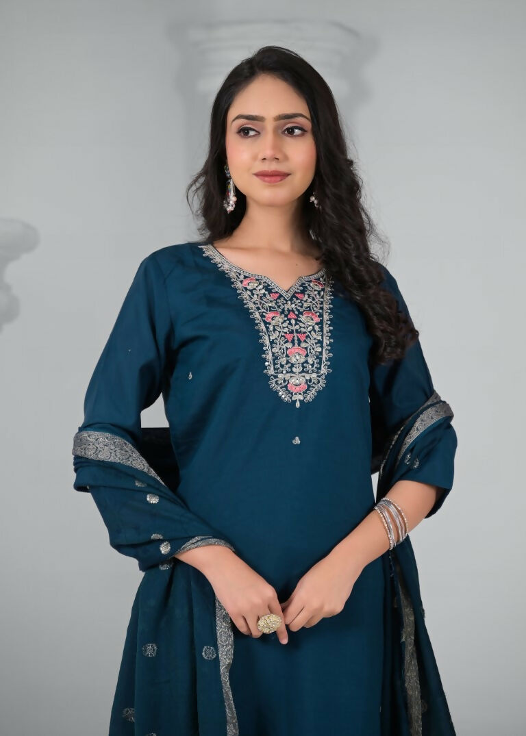 Ethnic Festive Wear Chanderi Rama Stitched Suit With Dupatta - Tanisha | Grocsy