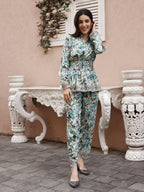 Sea Green Rayon Floral Printed Top with Matching Bottom - Eesha | Grocsy