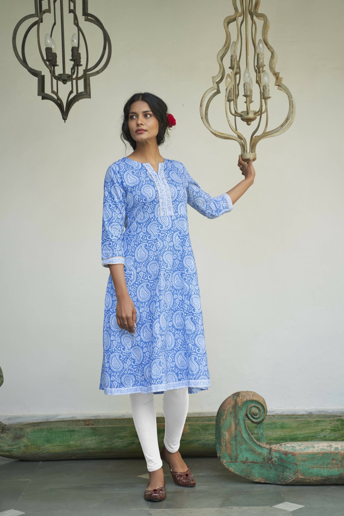 Blue Cotton Paisley Printed A line Kurta - Prasuti | Grocsy