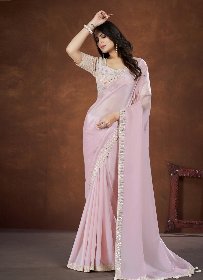 Baby Pink Crepe Satin Silk Embroidered Saree with stitched Blouse - Mohmanthan Saha Saki | Grocsy