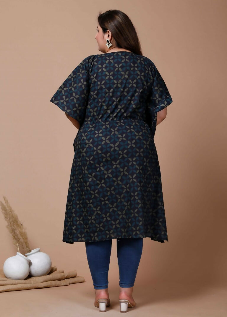 Miravan Women's Plus Size Navy Blue Printed Flared Sleeves Kaftan | Grocsy