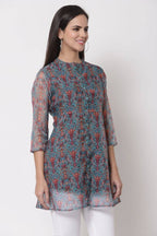Myshka Women's Beautiful Organza Printed 3/4 Sleeve Round Neck Casual Multicolor Tunic | Grocsy