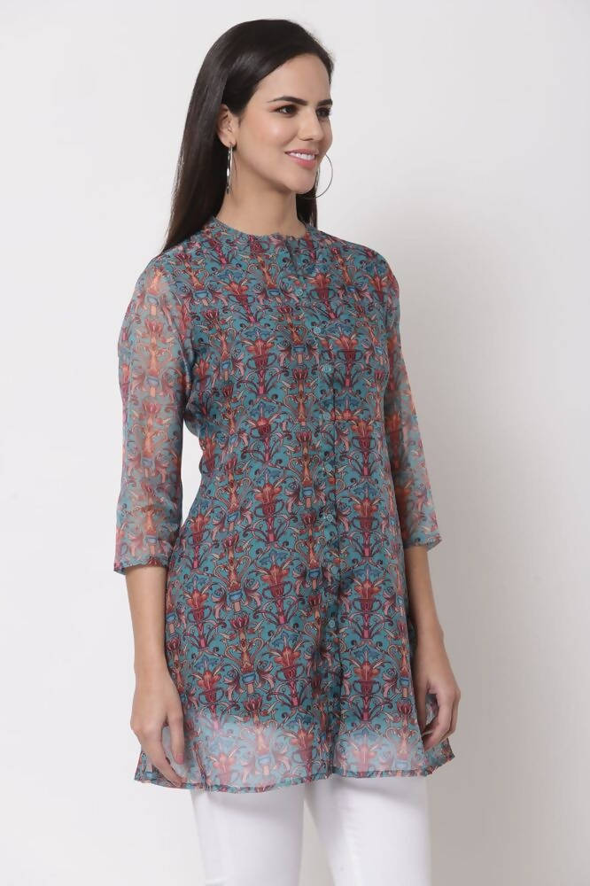 Myshka Women's Beautiful Organza Printed 3/4 Sleeve Round Neck Casual Multicolor Tunic | Grocsy