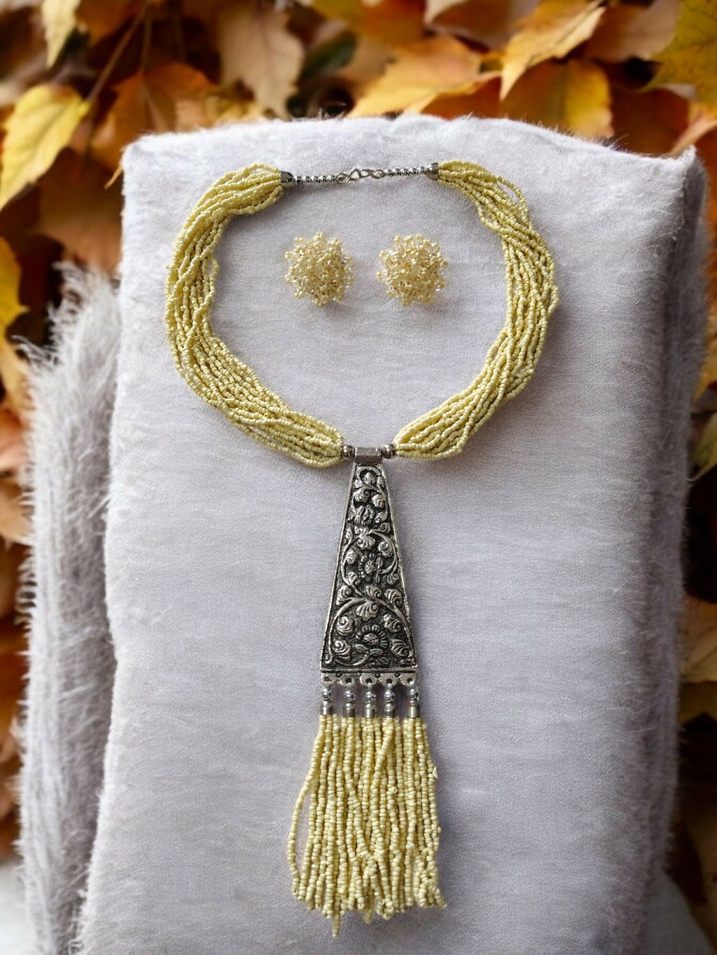 Inhanns Day-To-Dinner Tie Shaped Oxidized Black Metal Multi-Layered Long Necklace Set - Cream | Grocsy