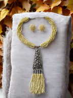 Inhanns Day-To-Dinner Tie Shaped Oxidized Black Metal Multi-Layered Long Necklace Set - Cream | Grocsy