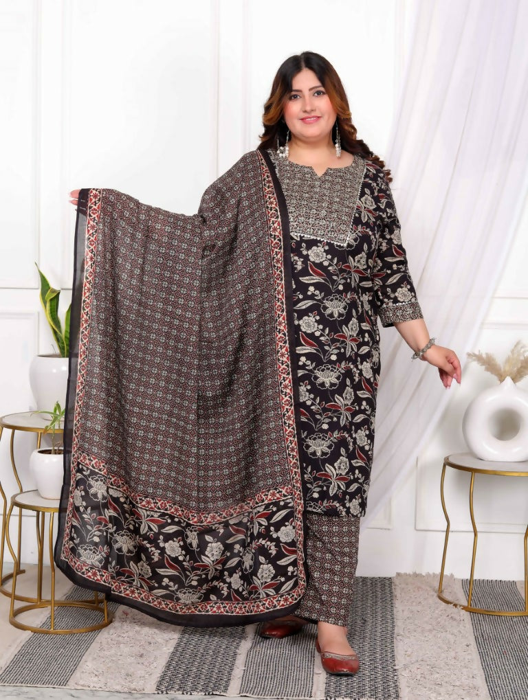 Miravan Women's Plus Size Multi Colour Floral Printed Embroidery Yoke Design Kurta with Palazzo And Dupatta Set | Grocsy